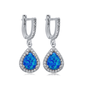 Pear Blue Opal Stone CZ Wholesale 925 Silver Dangle Earrings