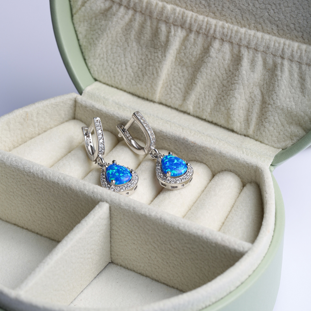 Pear Blue Opal Stone CZ Wholesale 925 Silver Dangle Earrings