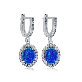 Oval Blue Opal Stone CZ Wholesale 925 Silver Dangle Earrings