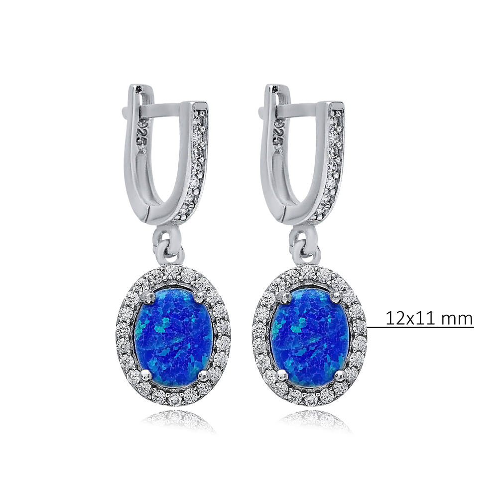 Oval Blue Opal Stone CZ Wholesale 925 Silver Dangle Earrings