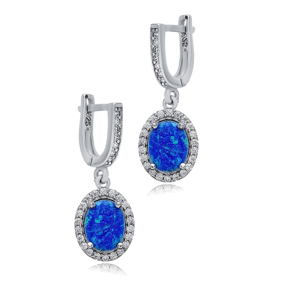 Oval Blue Opal Stone CZ Wholesale 925 Silver Dangle Earrings