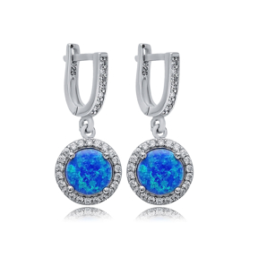 Round Blue Opal Stone CZ Turkish 925 Silver Dangle Earrings