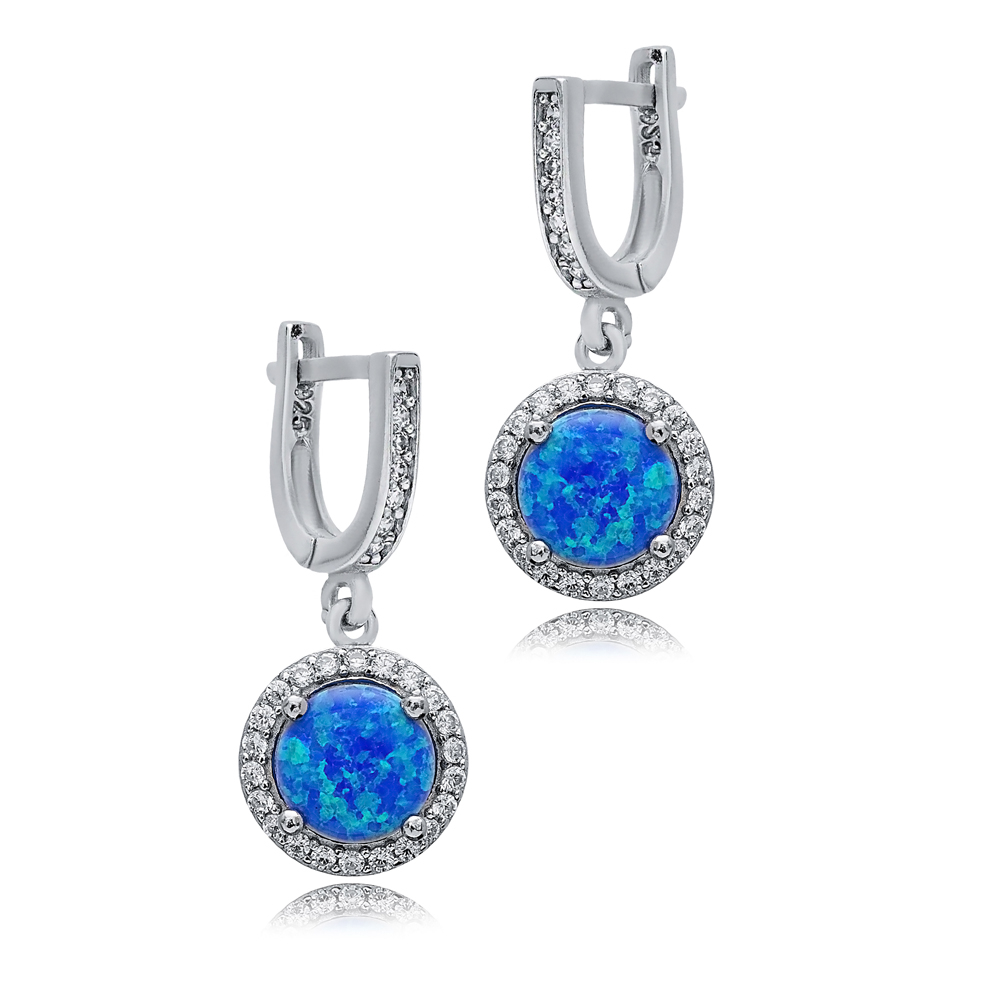 Round Blue Opal Stone CZ Turkish 925 Silver Dangle Earrings