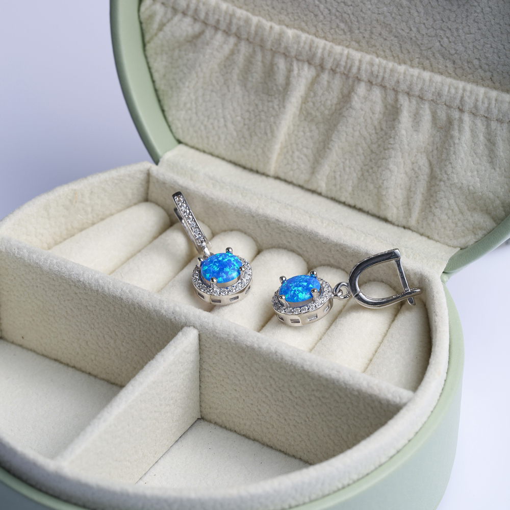 Round Blue Opal Stone CZ Turkish 925 Silver Dangle Earrings