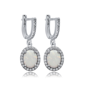 Oval White Opal Stone CZ Handmade 925 Silver Dangle Earrings