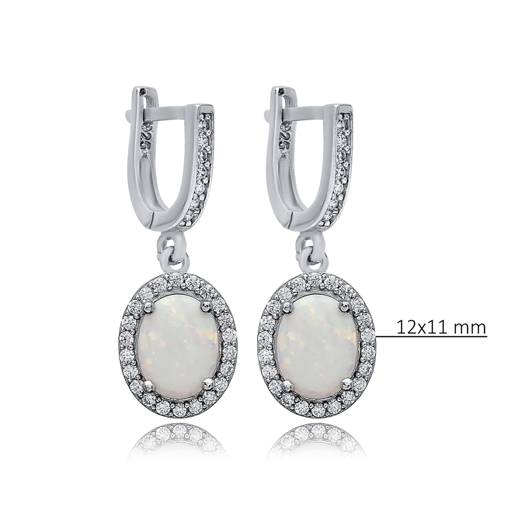 Oval White Opal Stone CZ Handmade 925 Silver Dangle Earrings