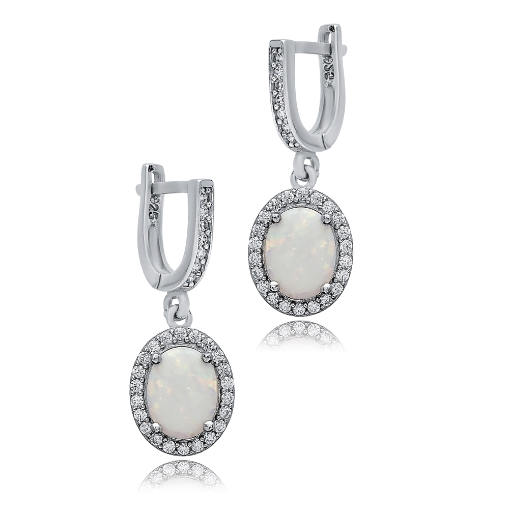 Oval White Opal Stone CZ Handmade 925 Silver Dangle Earrings