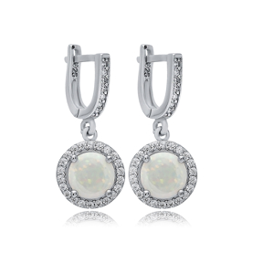 Round White Opal Stone CZ Turkish 925 Silver Dangle Earrings