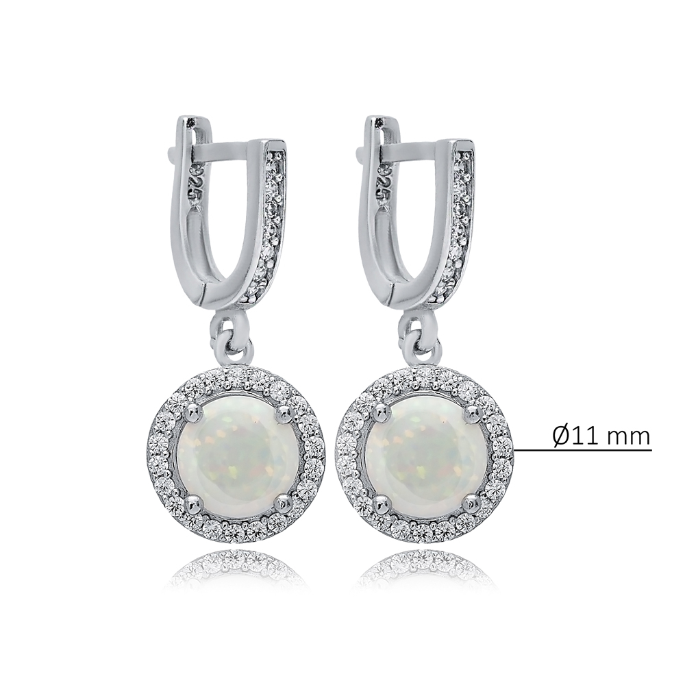 Round White Opal Stone CZ Turkish 925 Silver Dangle Earrings