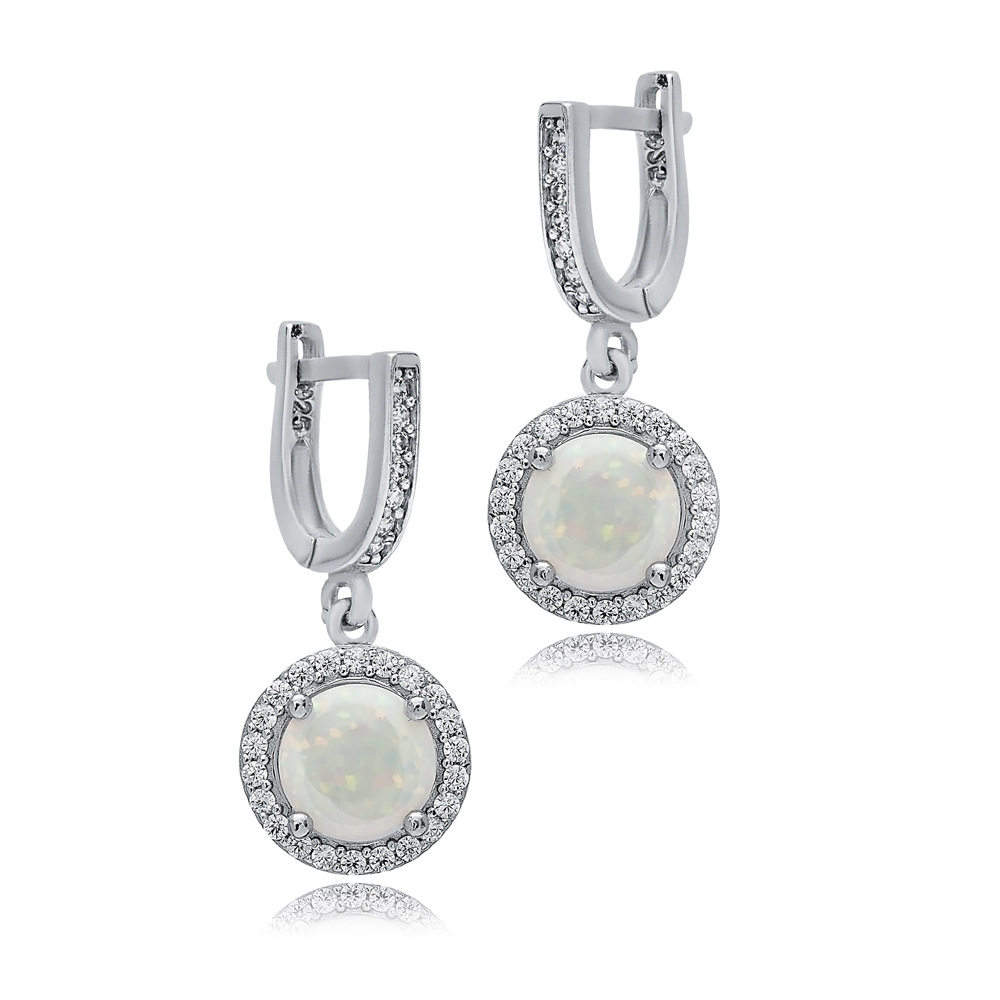 Round White Opal Stone CZ Turkish 925 Silver Dangle Earrings