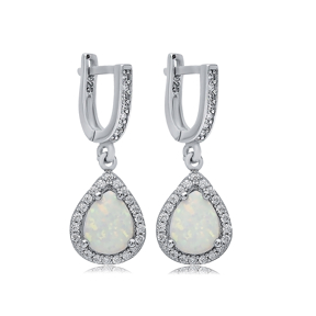 Pear White Opal Stone CZ Wholesale 925 Silver Dangle Earrings
