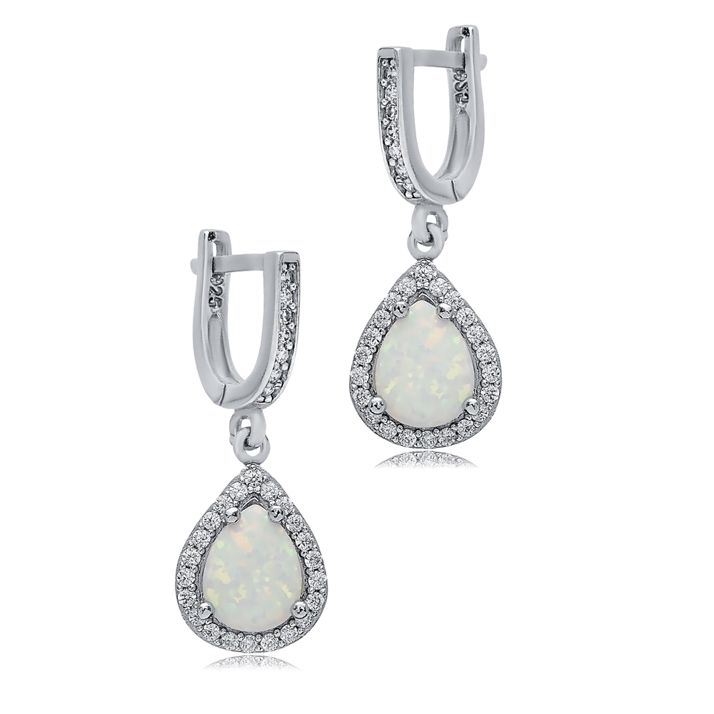 Pear White Opal Stone CZ Wholesale 925 Silver Dangle Earrings