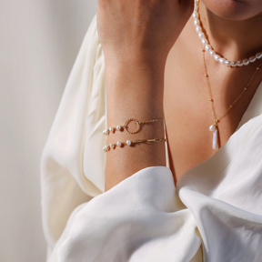 Minimalist Pearl Chain Round Design Silver Charm Bracelet