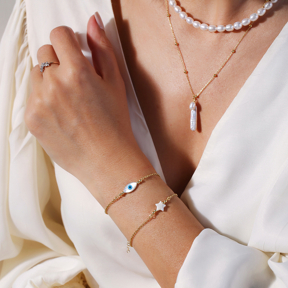 Evil Eye Design Mother of Pearl Silver Charm Bracelet Jewelry