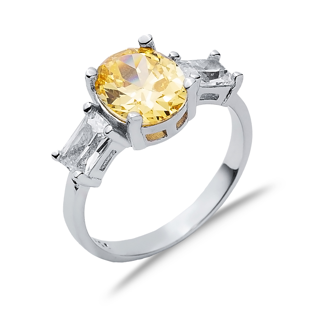 Oval Citrine Baguette CZ Stone Ring Wholesale Silver Jewelry