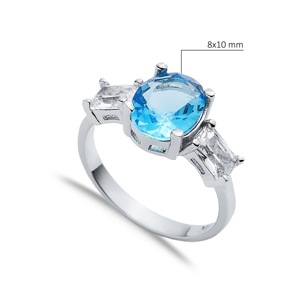 Oval Aquamarine Baguette CZ Stone Ring Wholesale Silver Jewelry