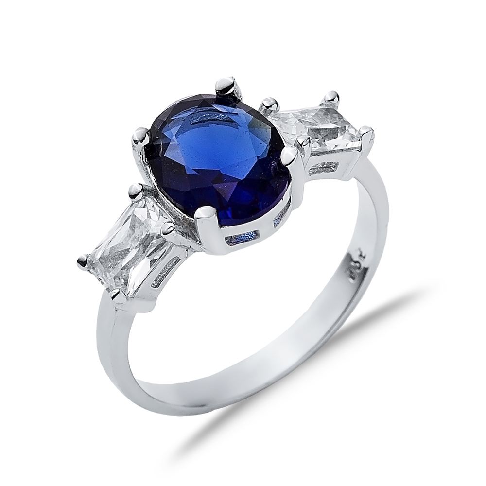 Oval Sapphire Baguette CZ Stone Ring Wholesale Silver Jewelry