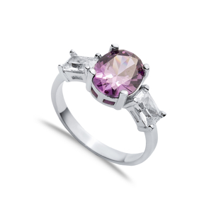Oval Amethyst Baguette CZ Stone Ring Wholesale Silver Jewelry