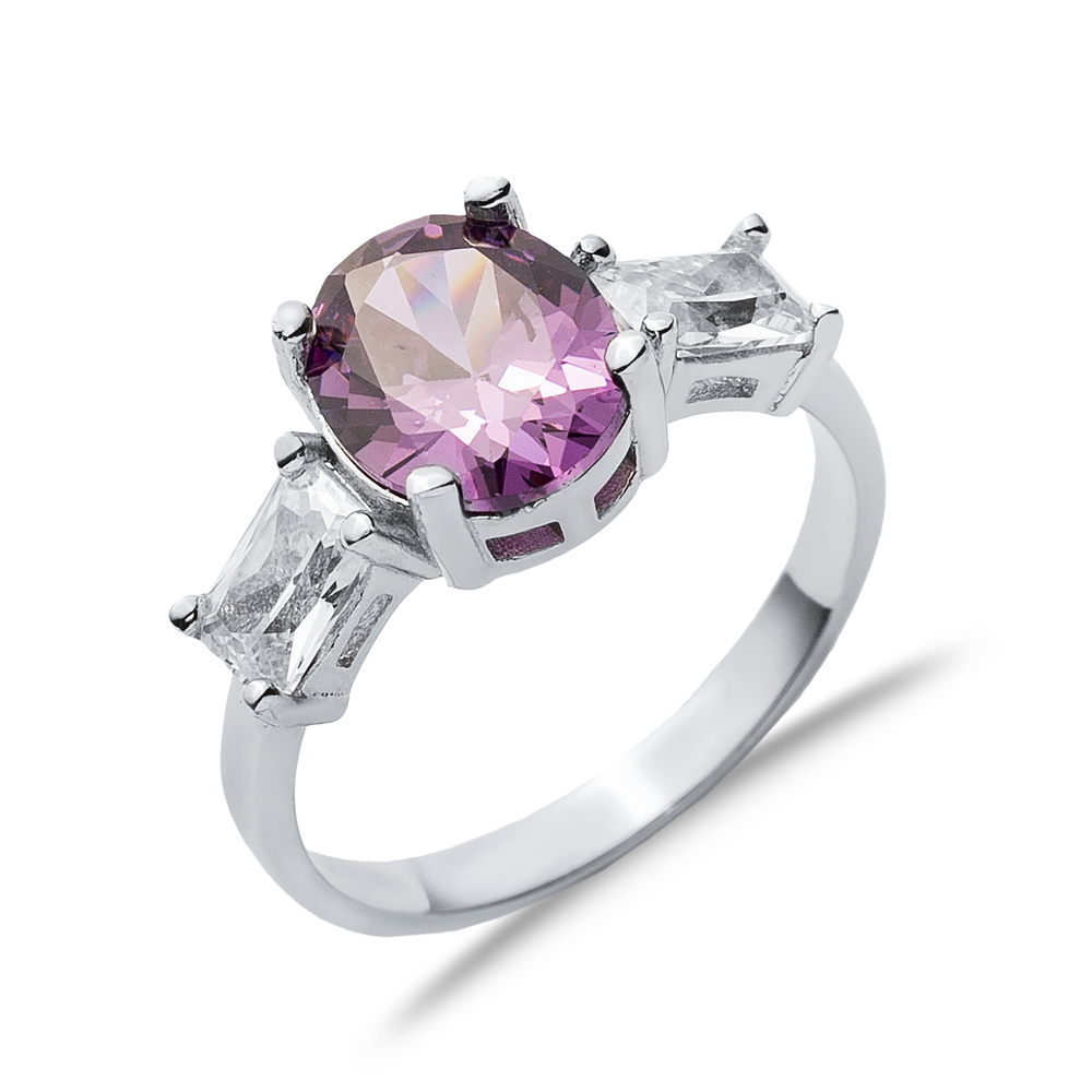 Oval Amethyst Baguette CZ Stone Ring Wholesale Silver Jewelry