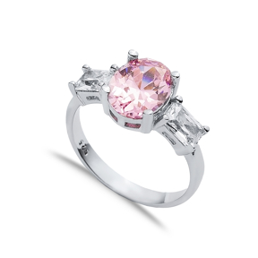 Oval Pink Quartz Baguette CZ Stone Ring Wholesale Silver Jewelry