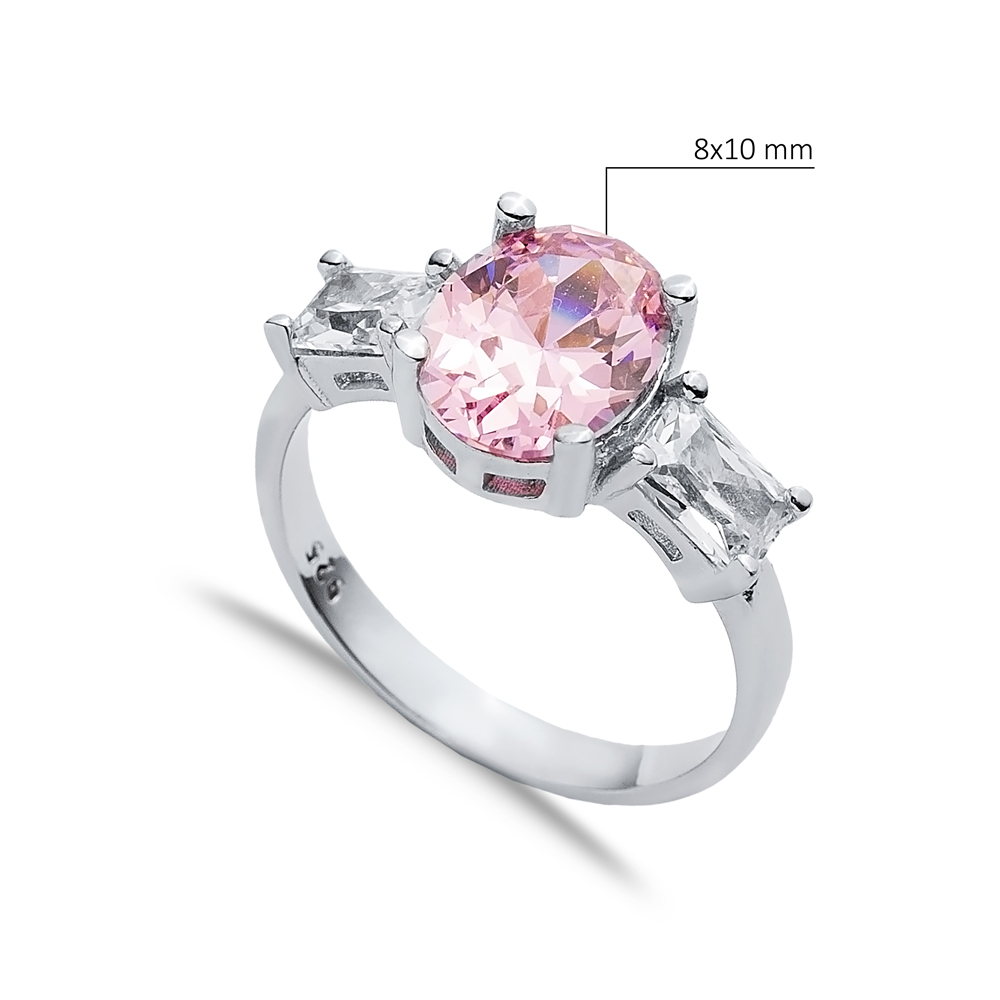 Oval Pink Quartz Baguette CZ Stone Ring Wholesale Silver Jewelry