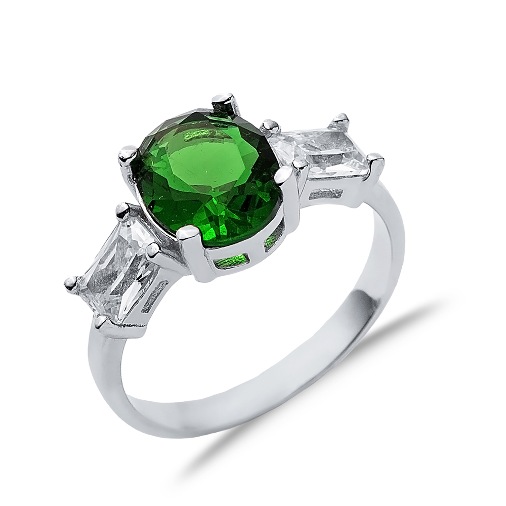 Oval Emerald Baguette CZ Stone Ring Wholesale Silver Jewelry