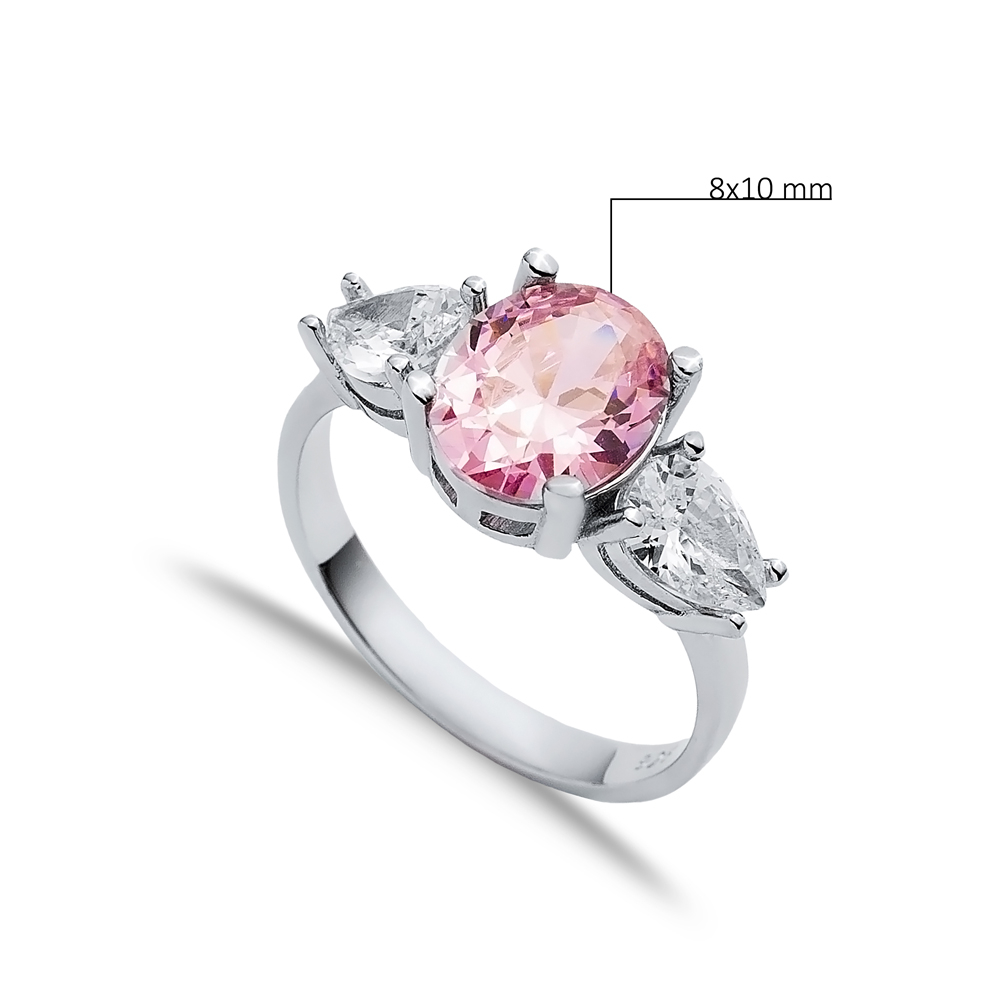 Oval Pink Quartz Pear CZ Stone Ring Wholesale 925 Silver Jewelry