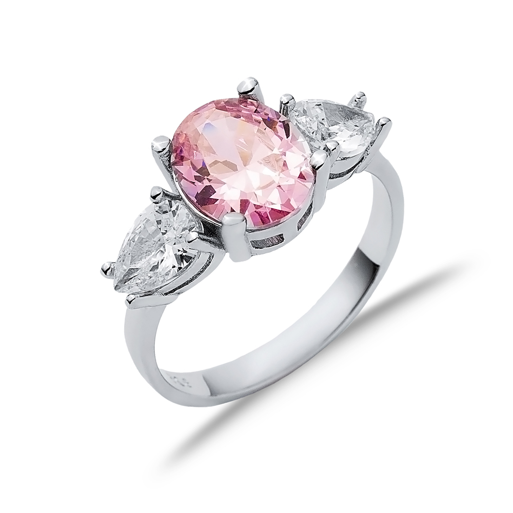 Oval Pink Quartz Pear CZ Stone Ring Wholesale 925 Silver Jewelry