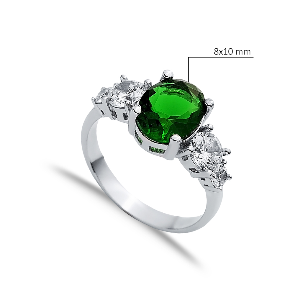 Oval Emerald Round CZ Stone Ring Wholesale Silver Jewelry