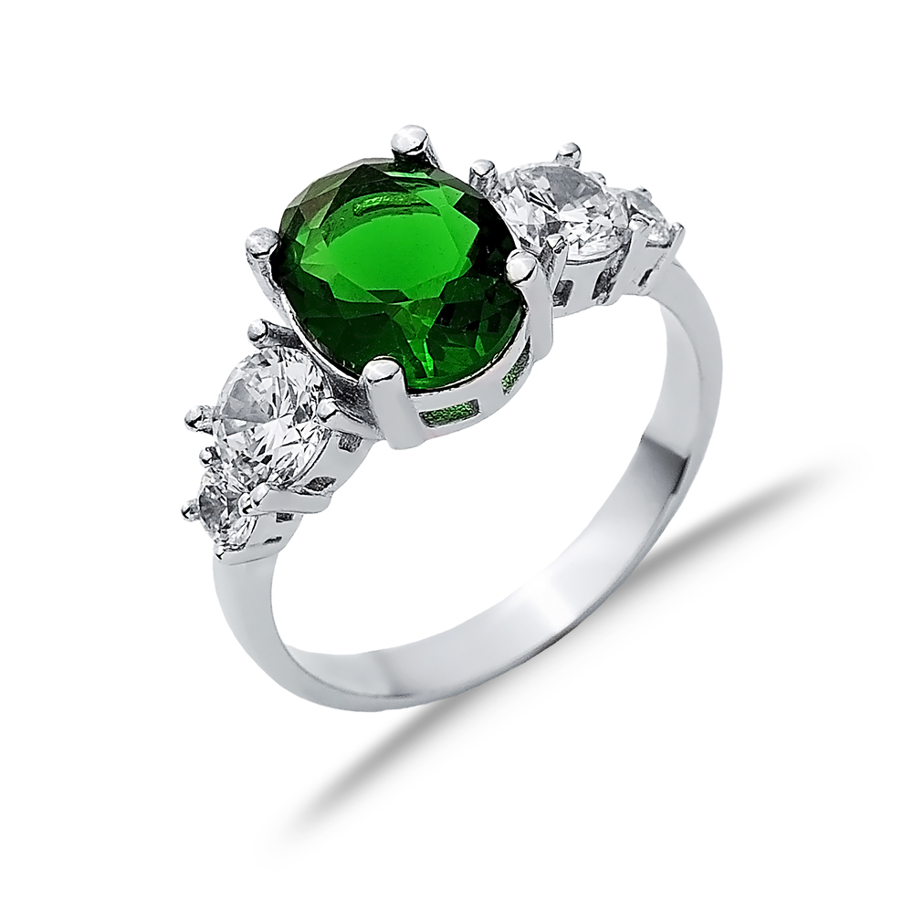 Oval Emerald Round CZ Stone Ring Wholesale Silver Jewelry