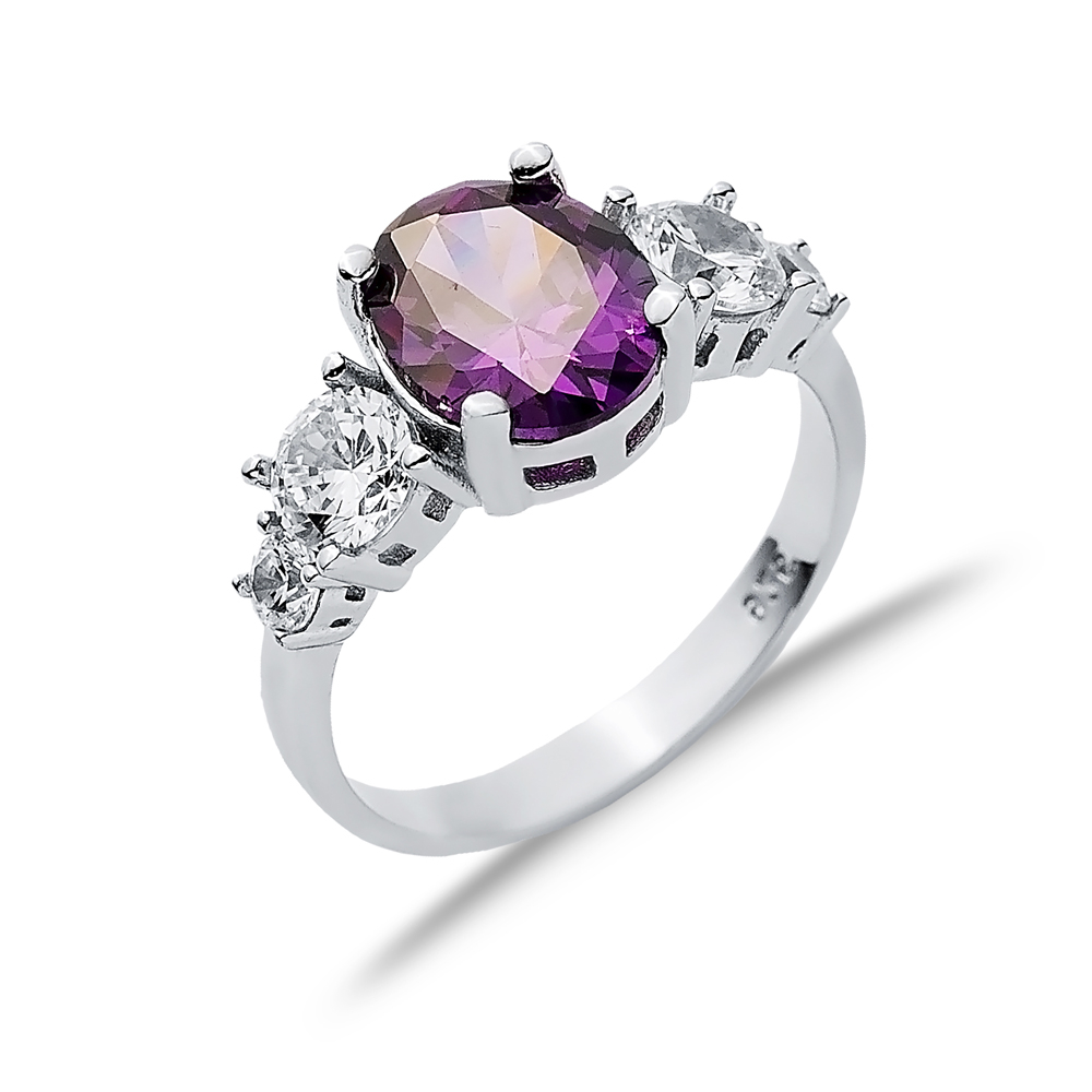 Oval Amethyst Round CZ Stone Ring Wholesale Silver Jewelry