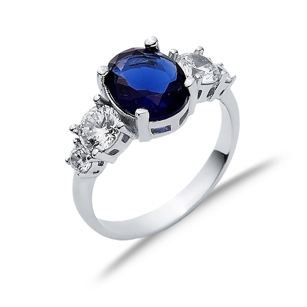 Oval Sapphire Round CZ Stone Ring Wholesale Silver Jewelry