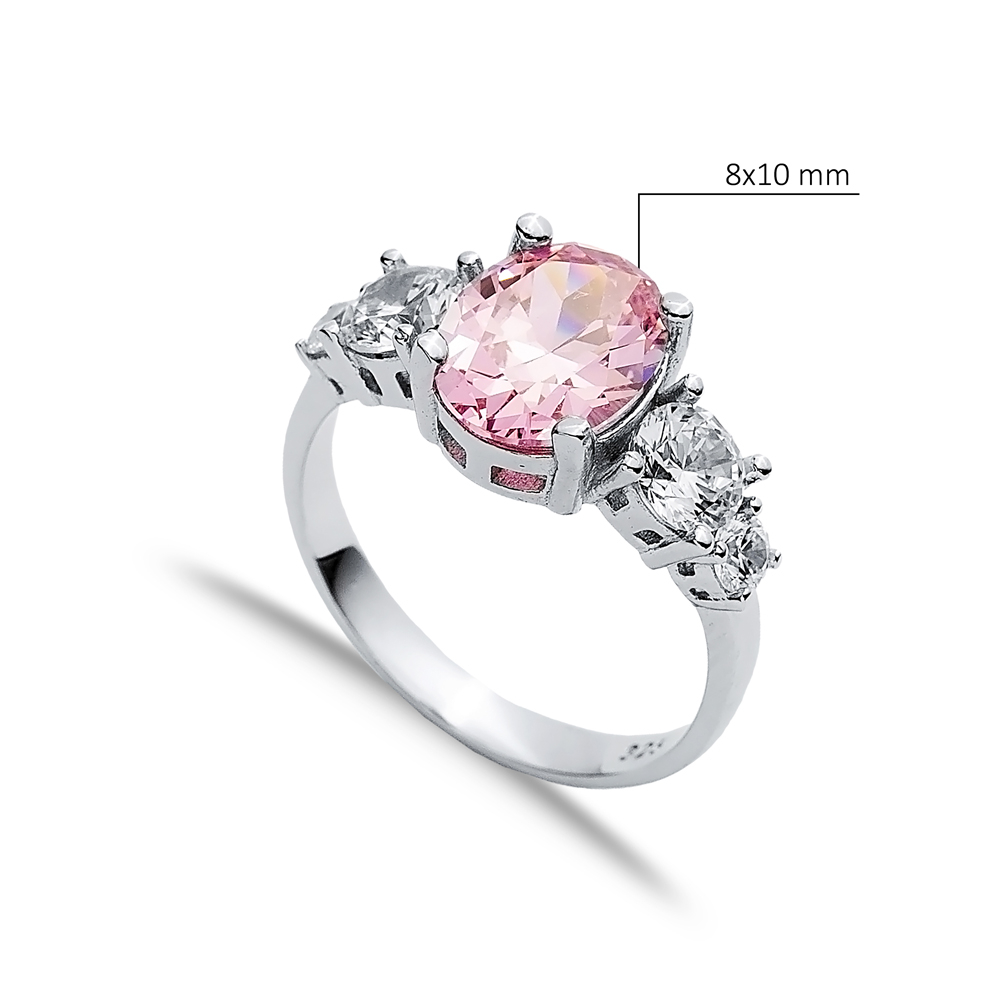 Oval Pink Quartz Round CZ Stone Ring Wholesale Silver Jewelry