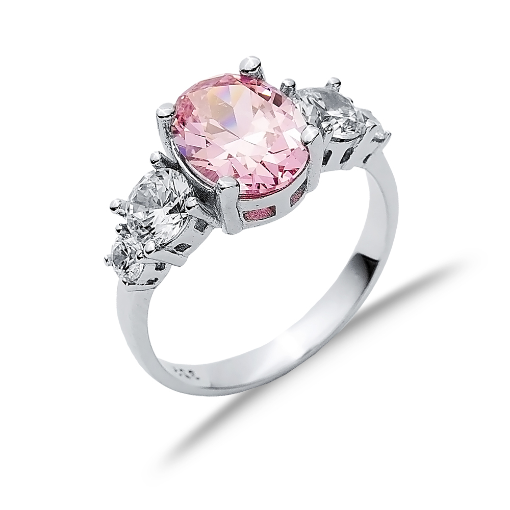 Oval Pink Quartz Round CZ Stone Ring Wholesale Silver Jewelry