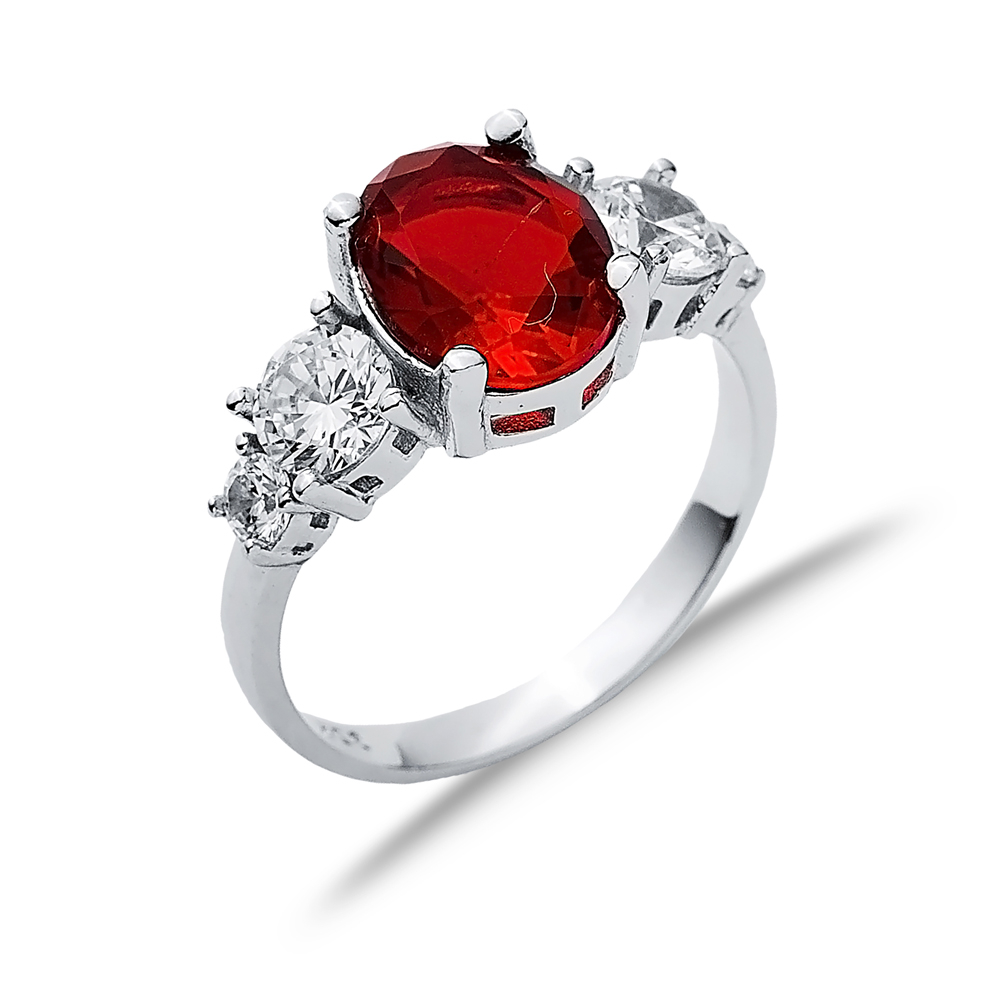 Oval Garnet Round CZ Stone Ring Wholesale Silver Jewelry