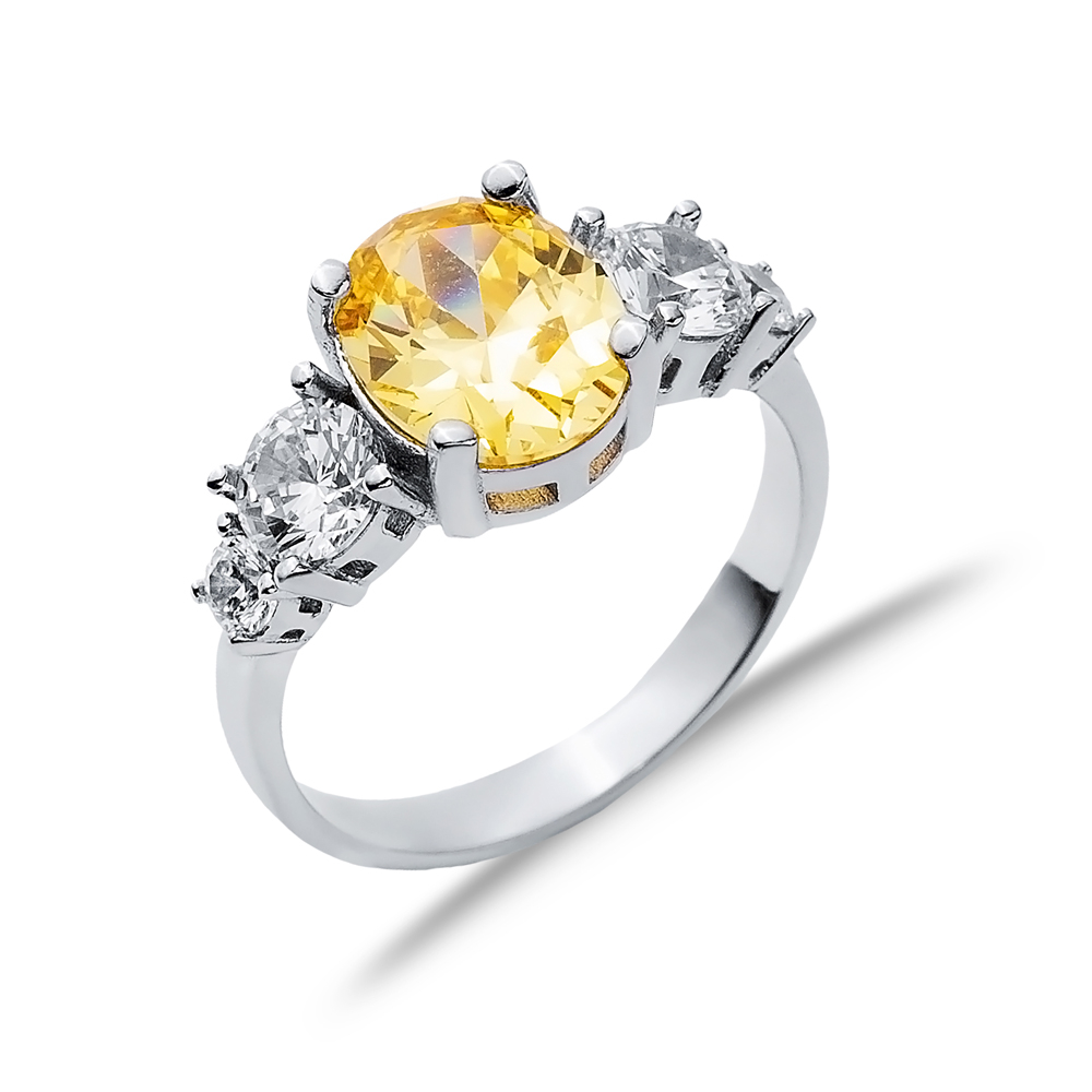 Oval Citrine Round CZ Stone Ring Wholesale Silver Jewelry