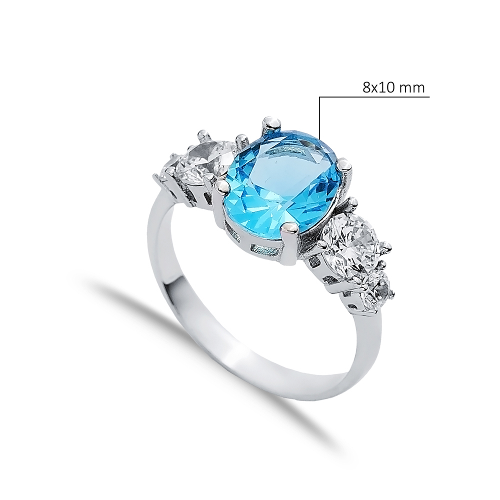 Oval Aquamarine Round CZ Stone Ring Wholesale Silver Jewelry