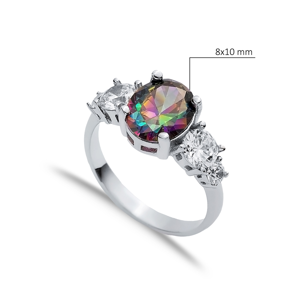 Oval Mystic Topaz Round CZ Stone Ring Wholesale Silver Jewelry