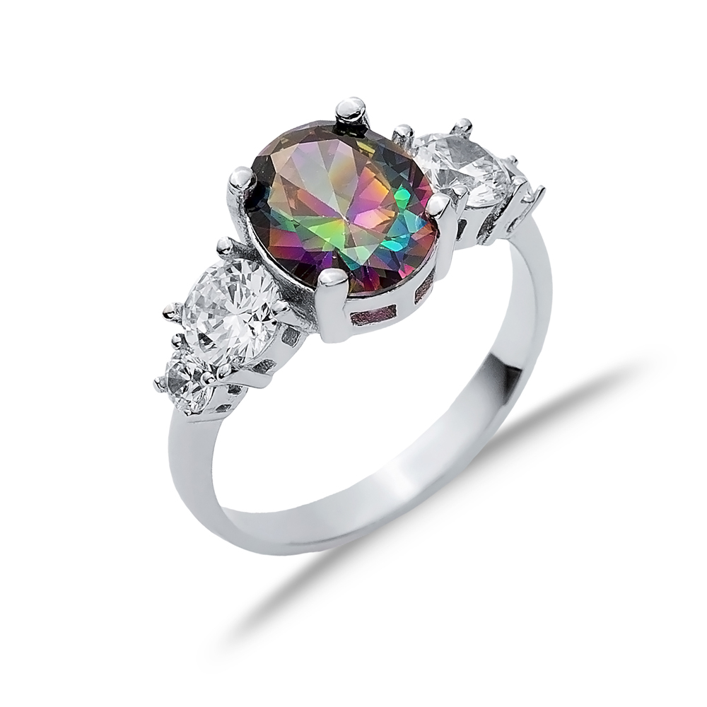 Oval Mystic Topaz Round CZ Stone Ring Wholesale Silver Jewelry