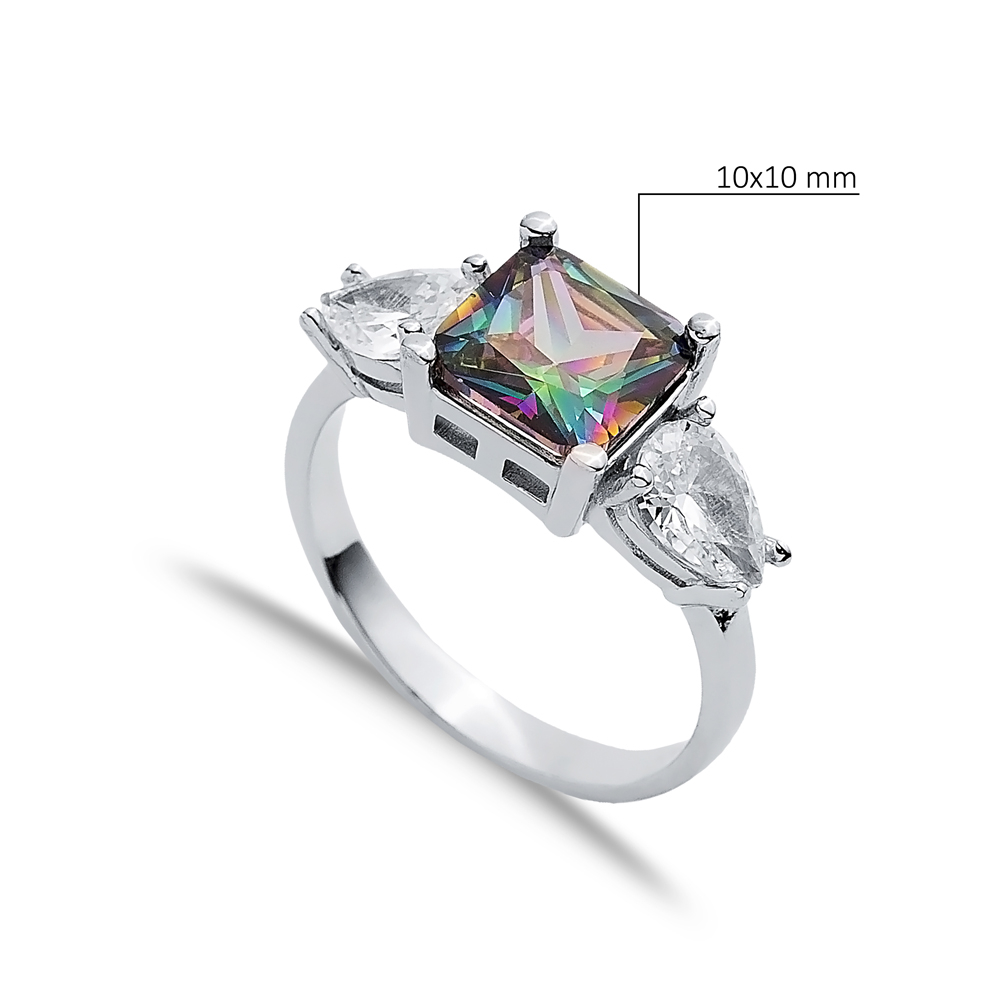 Square Mystic Topaz Pear CZ Stone Ring Wholesale Silver Jewelry