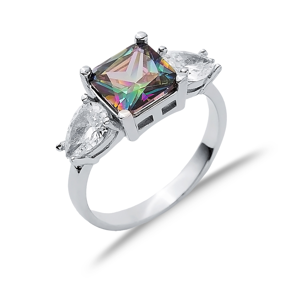 Square Mystic Topaz Pear CZ Stone Ring Wholesale Silver Jewelry