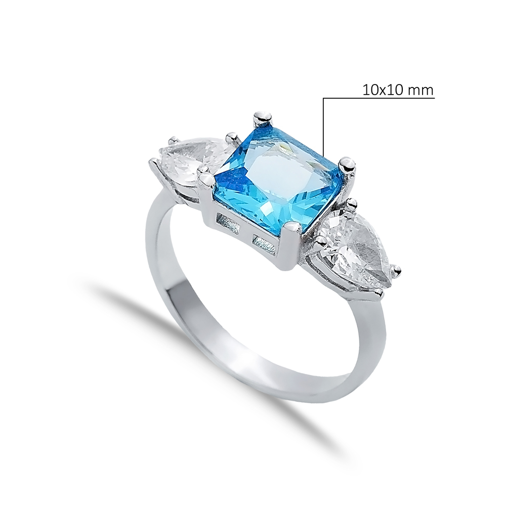 Square Aquamarine Pear CZ Stone Ring Wholesale Silver Jewelry