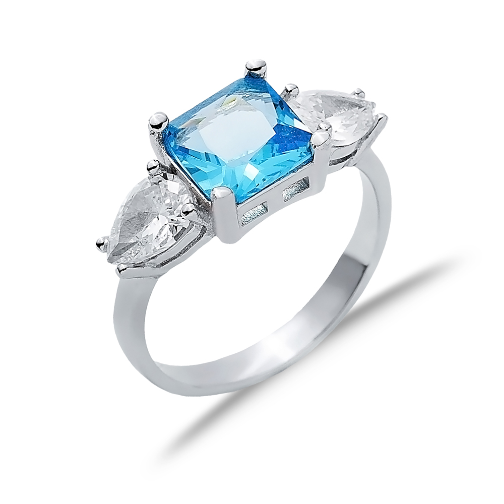 Square Aquamarine Pear CZ Stone Ring Wholesale Silver Jewelry