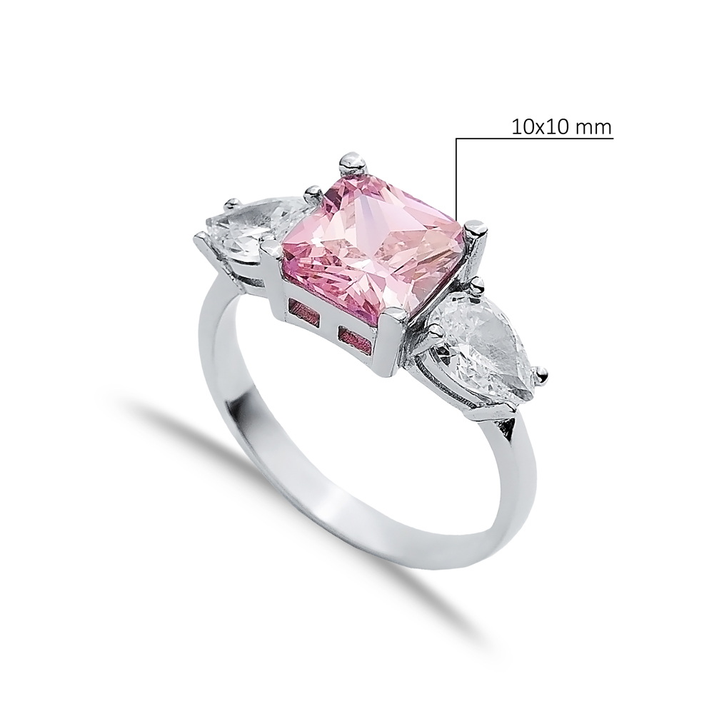 Square Pink Quartz Pear CZ Stone Ring Wholesale Silver Jewelry