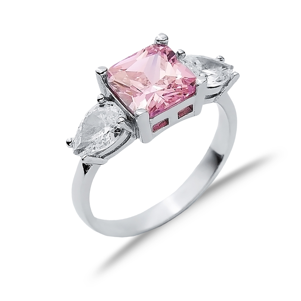 Square Pink Quartz Pear CZ Stone Ring Wholesale Silver Jewelry