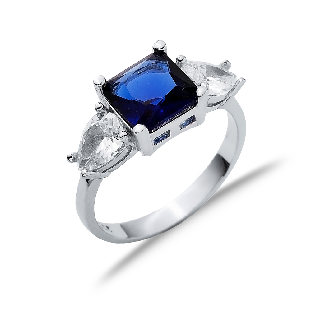 Square Sapphire Pear CZ Stone Ring Wholesale Silver Jewelry