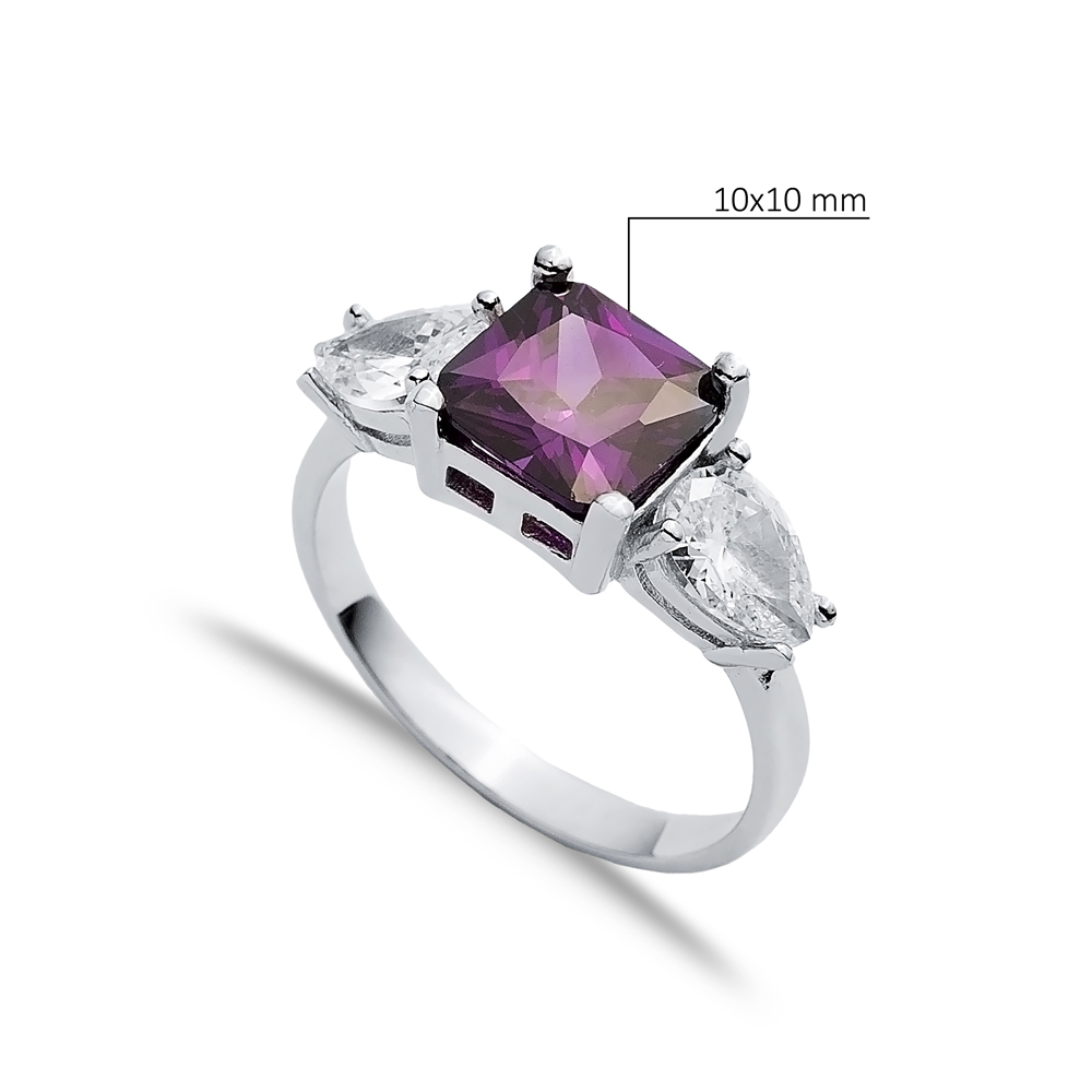 Square Amethyst Pear CZ Stone Ring Wholesale Silver Jewelry