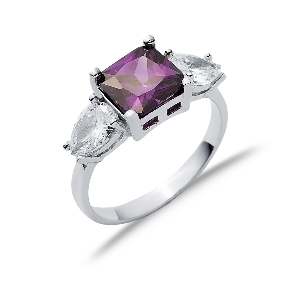 Square Amethyst Pear CZ Stone Ring Wholesale Silver Jewelry