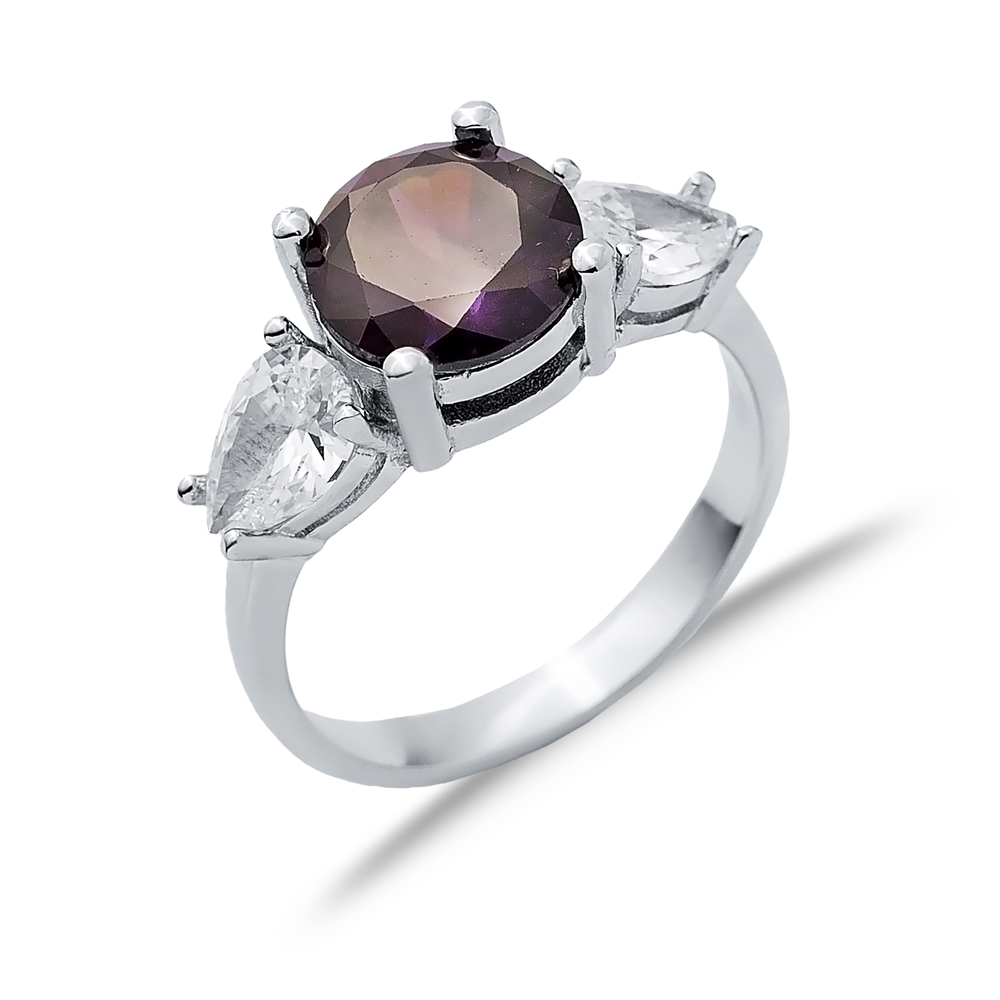 Round Amethyst Pear CZ Stone Ring Wholesale Silver Jewelry