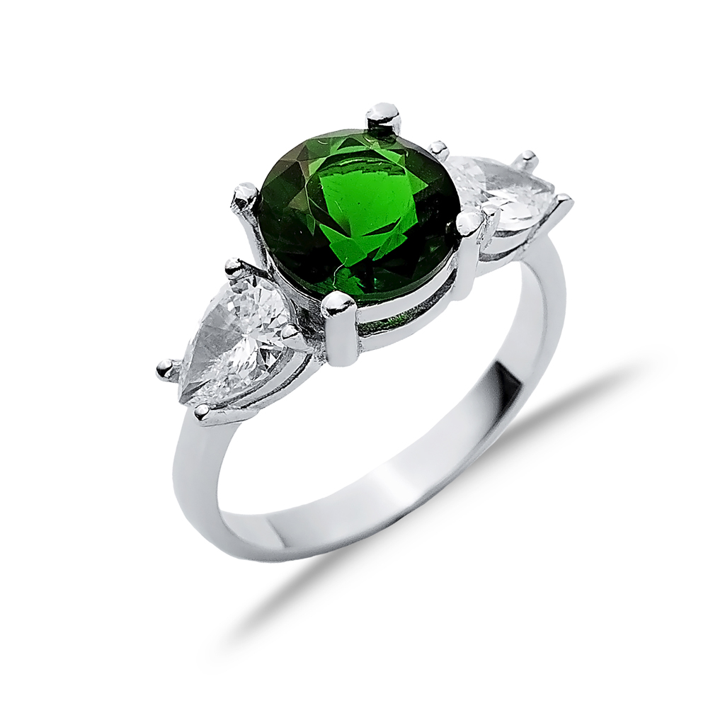 Round Emerald Pear CZ Stone Ring Wholesale Silver Jewelry